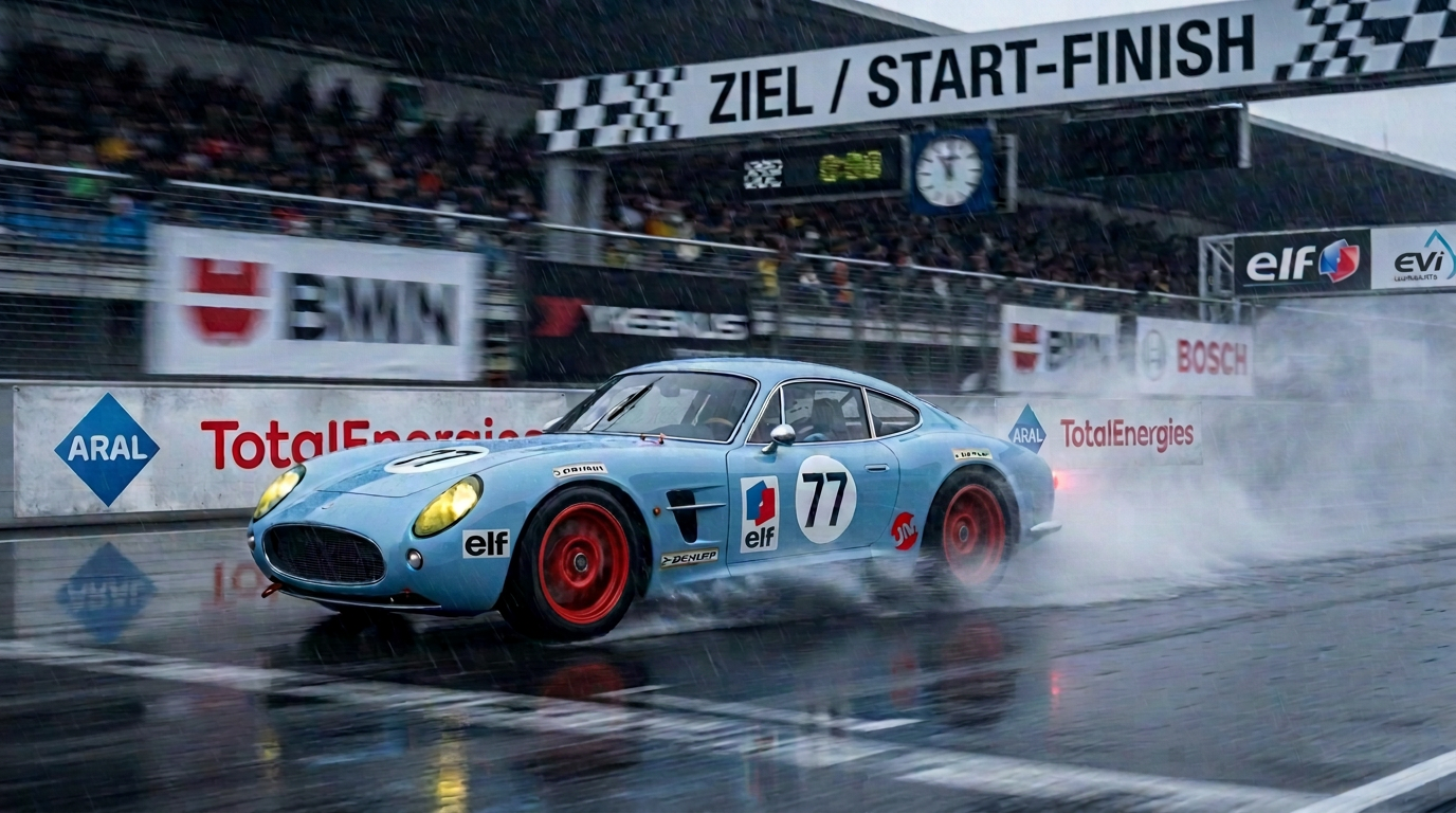 Blauer Rennwagen mit Startnummer 77 auf einer regennassen Rennstrecke