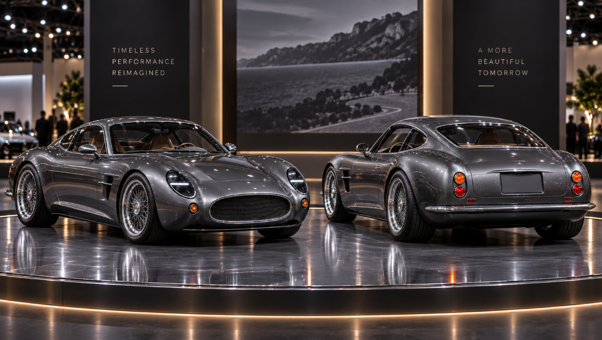 Zwei silberne Sportwagen in Front- und Heckansicht auf einer beleuchteten Ausstellungsfläche
